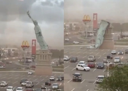 시속 90㎞ '괴물 강풍'에 고꾸라진 '자유의 여신상' 복제품…인명 피해 無