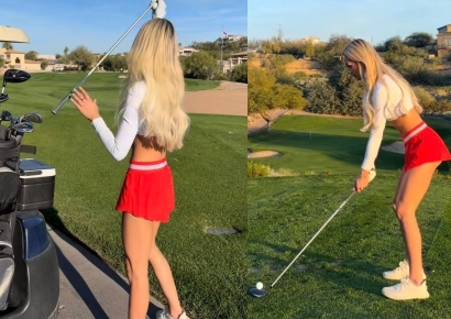 "보기 민망" "개인 자유"… 골프장서 짧은 치마 입은 인플루언서 논란