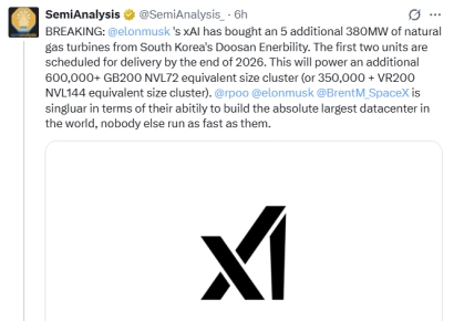 머스크가 직접 '인정'…美 xAI, 韓 두산에너빌리티 380㎿급 가스터빈 5기 구매