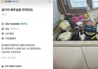 "1만원에 설거지 해주실 분, 단 여자만" 싱크대 가득 쌓인 그릇에 '시끌'