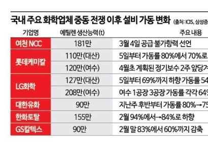 에틸렌마저 줄줄이 감산…핵심원료 나프타 재고 2주뿐