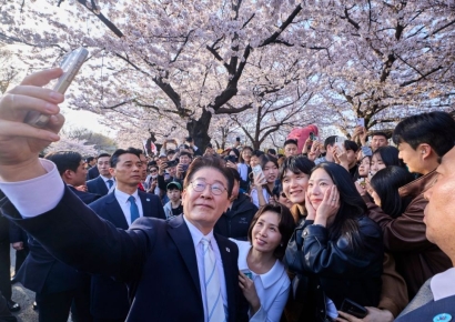 "여기도 봐주세요"…벚꽃길서 시민들과 '깜짝 셀카' 찍은 李대통령 부부