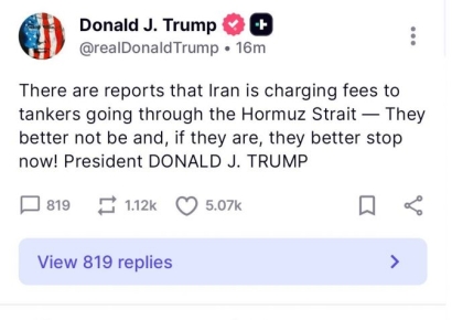 트럼프 "이란, 통행료 부과 당장 멈춰야"…보수 논객 조롱글도 올려