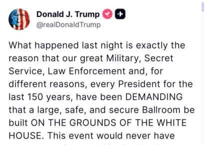 트럼프 "연회장 있었다면 어젯밤 사건 일어나지 않았을 것"